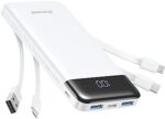 Charmast Power Bank with Built in Cables,10000mAh USB C Battery pack 6 Outputs 3 Inputs with LED Display Type C Powerbank Portable Charger Compatible with Smartphones Tablets and More(White)