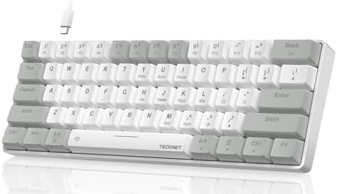 TECKNET 60% Mechanical Gaming Keyboard-RGB Backlit,Ultra Compact Mini 61 Keys Gaming Keyboard with Detachable Cable&Adjustable Stand,Portable Wired Clicky Keyboards(Grey&White)