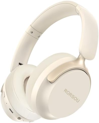 RORSOU B8 Bluetooth Headphones Over Ear, 6 EQ Music Modes and 50H Playtime Deep Bass Wireless Headphones with Mic, Lightweight Folding HiFi Stereo Headset for iPad/Travel/Tablet/PC/Home Beige White