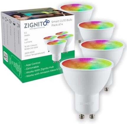 ZIGNITO GU10 Smart Bulb, White & Colour LED, Works with, Alexa, Hey Google, S'Things (Hub Required) Zigbee GU10, Smart Spotlight, Up to 16 Million hue of Colours and Whites. (Pack of 4)
