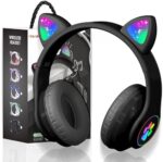 Wireless Bluetooth Headphones for Children, Foldable Girls Headphones Over Ear, LED Cute Cat Ears Foldable, Audio Wireless for Children Bluetooth 5.0 Headphones for Tablet/Mobile Phone/PC (Black)