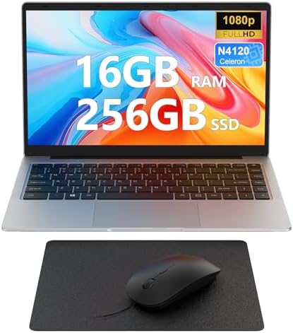 Computer Laptop Quad Core CPU Celeron N4120, 14 Inch Laptop 16GB RAM 265GB SSD, 1920x1080 FHD, Dual Speakers, Portable PC, 5G WiFi, BT, USB3.0, Mini-HDMI, Mouse/Mouse Pad/UK Keyboard film Included