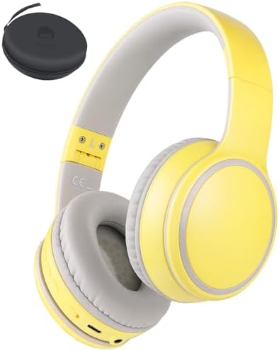 Rockpapa E9 Kids Bluetooth Headphones, Kids Wireless Headphones Over Ear, Hi-Fi Stereo Foldable Wireless Wired Headphones with Mic for School Travel Tablet PC TV (Yellow Grey)