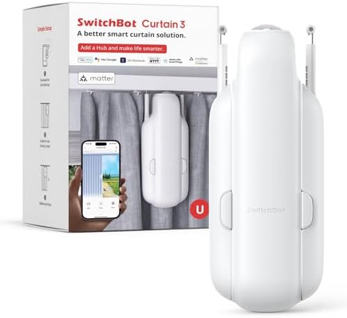 SwitchBot Smart Automatic Curtain Opener - Bluetooth Remote Control with App/Timer, Upgraded Performance Motor, Add SwitchBot Hub to Make it Work with Alexa, Google Home, HomeKit(Curtain 3, U Rail)