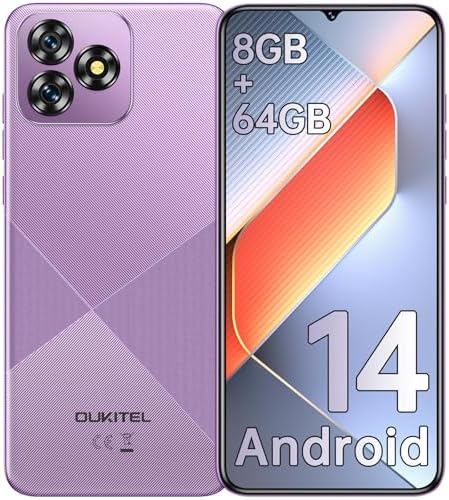 OUKITEL C53 Mobile Phones 2024, 6.6" HD+ Waterdrop Screen Android 14 Phone, 4300mAh Smartphone, 8GB+64GB/1TB Octa Core, 13MP Main Camera, 4G Dual SIM Free Unlocked, Face ID/GPS/3.5mm Jack, Purple