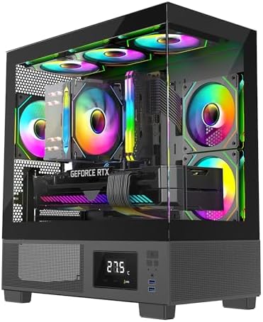 IONZ KZ-V Mini Aether mATX PC Gaming case, Tempered Glass, LED Temperature Display, includes 6 ARGB PWM Fans - Black