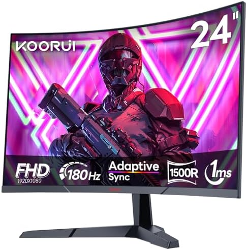 KOORUI 24 Inch Curved Gaming Monitor, 180Hz, FHD 1080P VA 1ms 1500R PC Monitors with Adaptive Sync, HDMI/DP, VESA Compatible, Tilt Adjustable