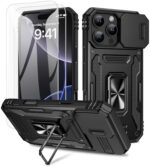 Doeshine for iPhone 16 Pro Max Case, 2 Pack Screen Protector, with 360°Rotate Ring Kickstand & Slide Camera Cover, Shockproof Military Drop Protection Case for iPhone 16 Pro Max (Black)