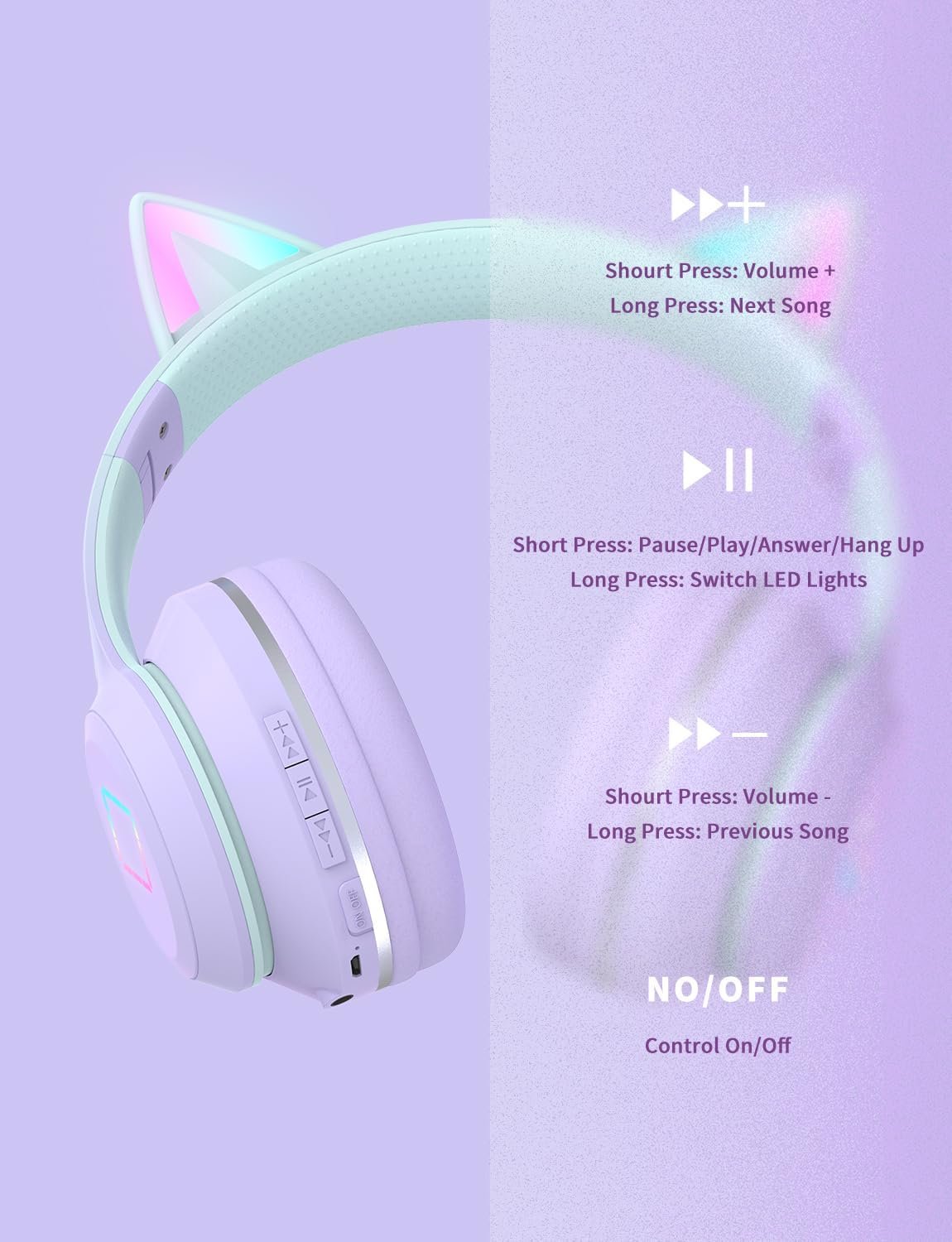 Bluetooth Kids Headphones,Cat Ear LED Light Up Kids Wireless Headphones,Bluetooth 5.1&Stereo Sound,Foldable,Adjustable Headband,Children Headphone with Microphone Over Ear for School/Tablet (Purple) - Image 6