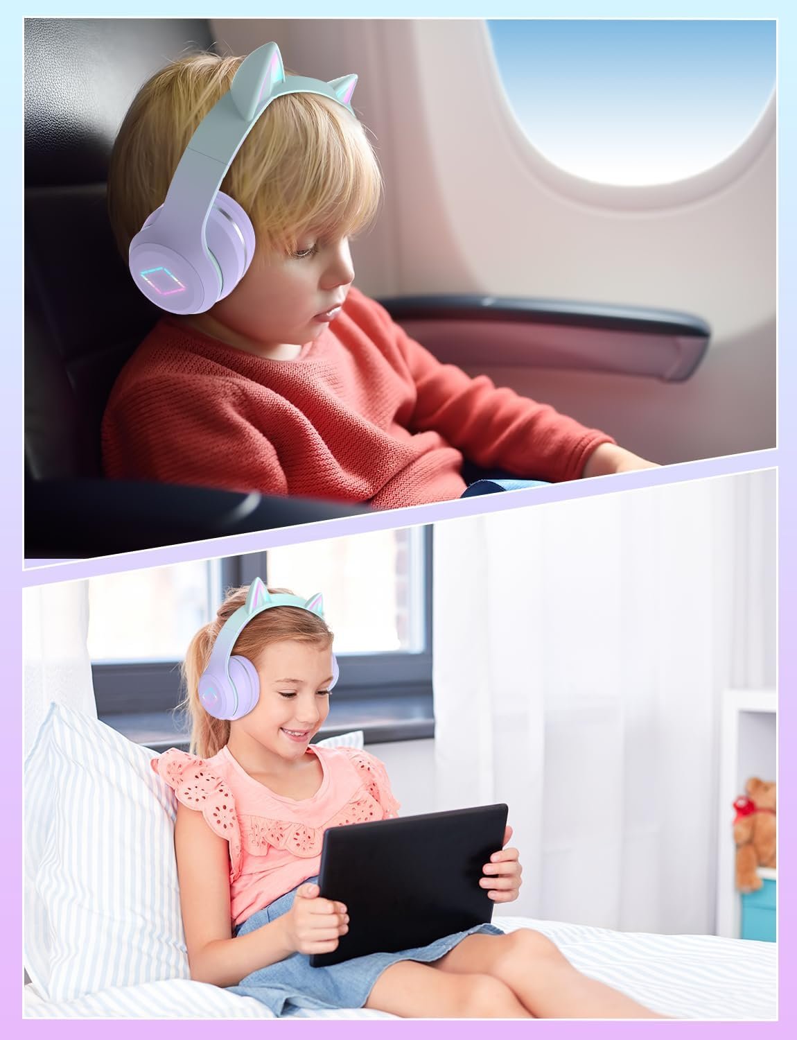 Bluetooth Kids Headphones,Cat Ear LED Light Up Kids Wireless Headphones,Bluetooth 5.1&Stereo Sound,Foldable,Adjustable Headband,Children Headphone with Microphone Over Ear for School/Tablet (Purple) - Image 7
