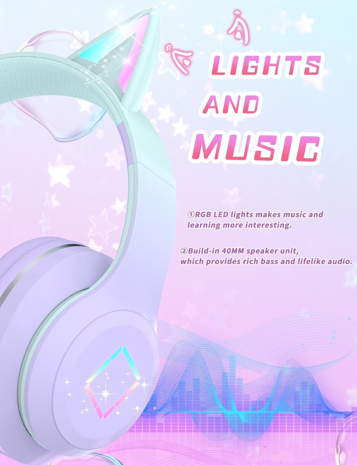 Bluetooth Kids Headphones,Cat Ear LED Light Up Kids Wireless Headphones,Bluetooth 5.1&Stereo Sound,Foldable,Adjustable Headband,Children Headphone with Microphone Over Ear for School/Tablet (Purple) - Image 2