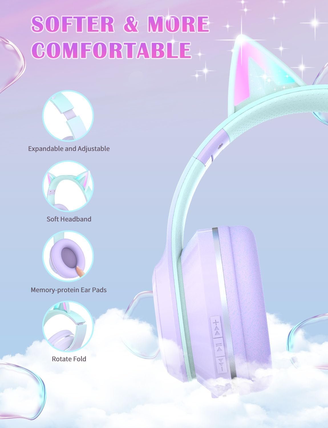 Bluetooth Kids Headphones,Cat Ear LED Light Up Kids Wireless Headphones,Bluetooth 5.1&Stereo Sound,Foldable,Adjustable Headband,Children Headphone with Microphone Over Ear for School/Tablet (Purple) - Image 4
