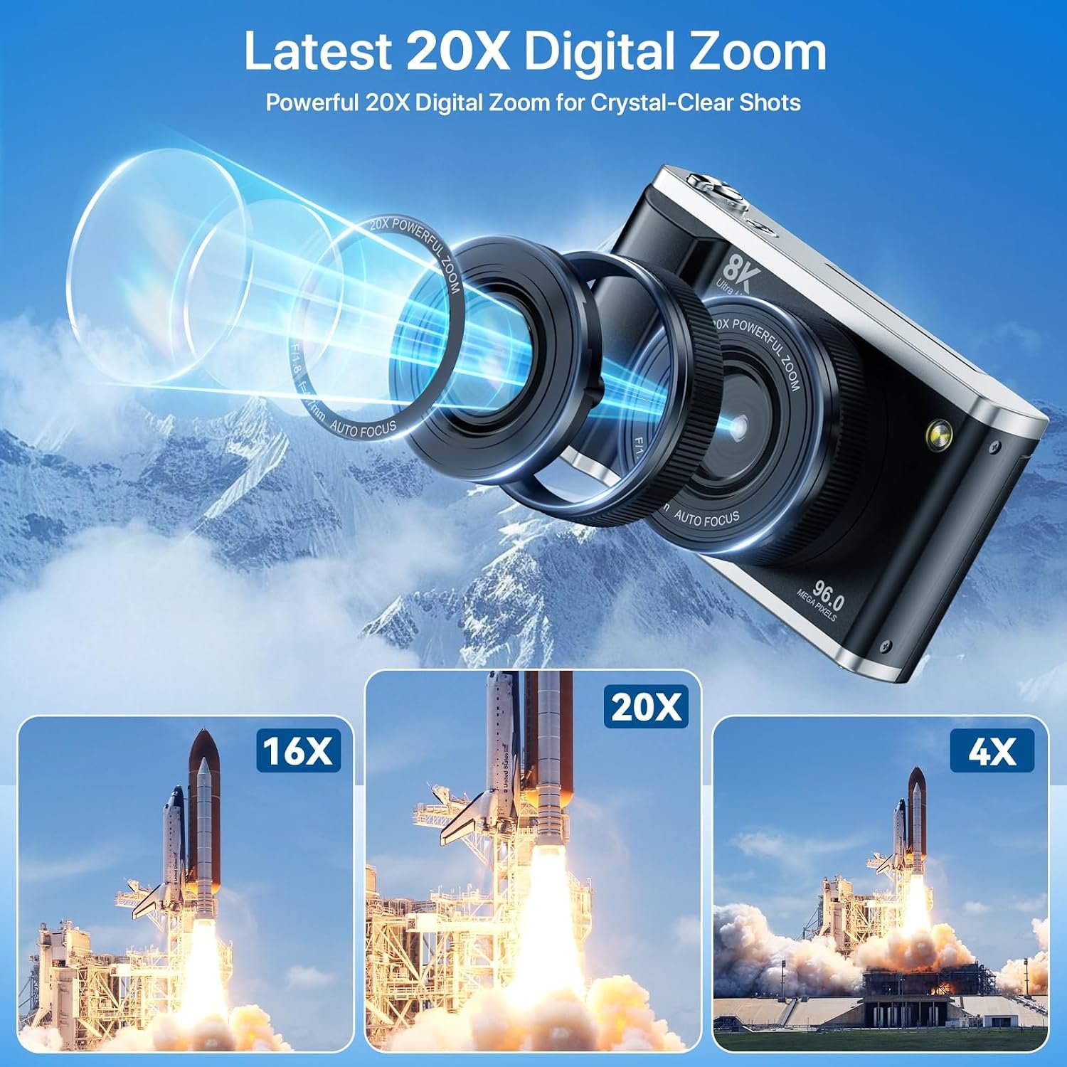 Digital Camera 8K 96MP with WiFi, 20X Digital Zoom Autofocus Vlogging Camera, 3.5" 180°Flip Screen Anti-Shake Compact Camera with 32GB SD Card & 2 Batteries for Teens Adults Beginners - Image 4