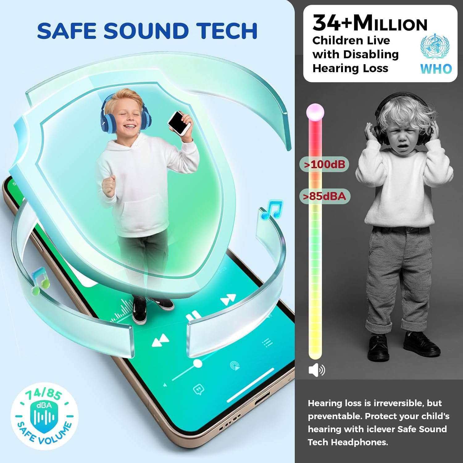 iClever Bluetooth Kids Headphones, BTH12 Colorful LED Lights Kids Wireless Headphones Over Ear with 74/85/94dB Volume Limited, 55H Playtime, Bluetooth 5.2, Built-in Mic for School/Tablet/PC - Image 3