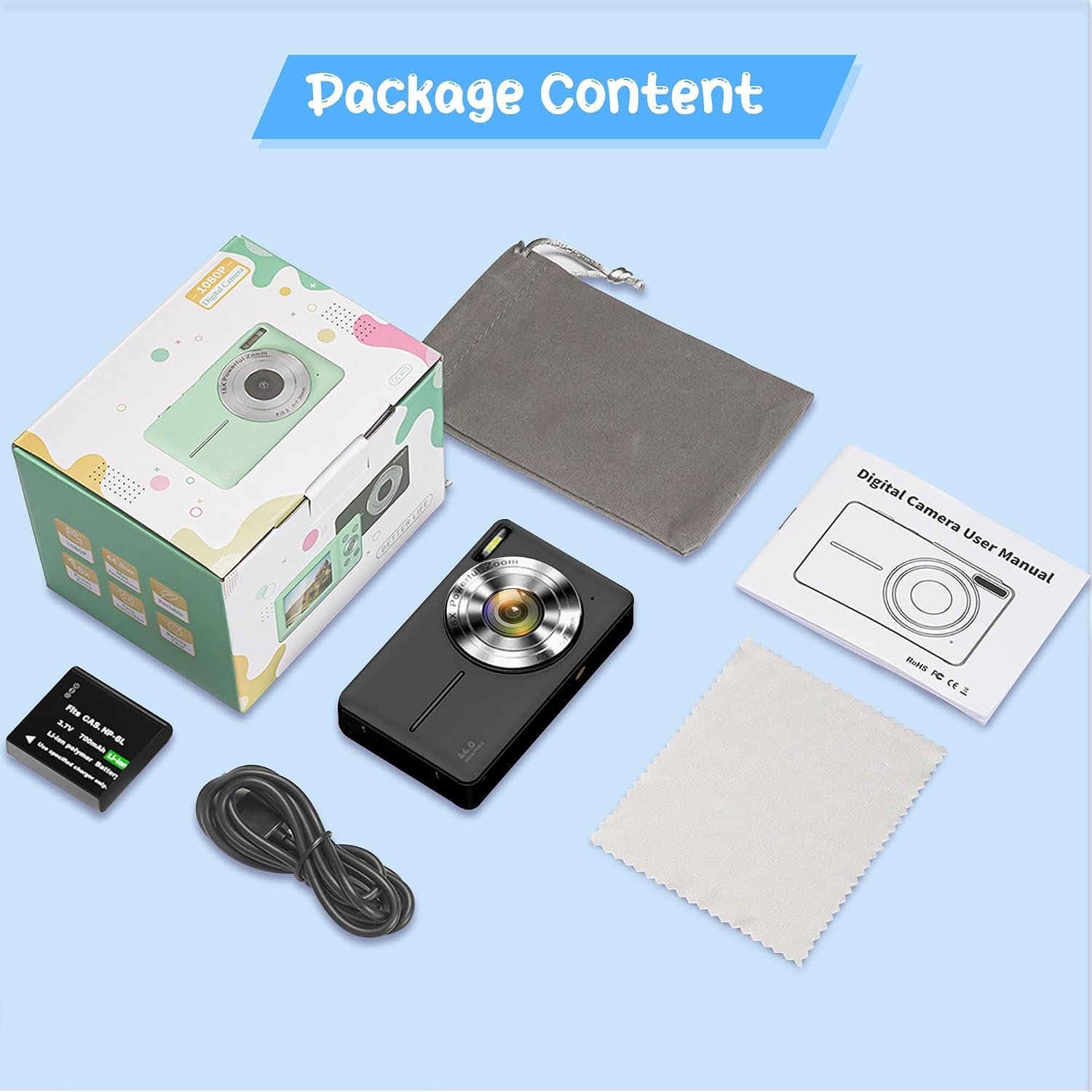 Digital Camera 1080P 44MP Vlogging Camera for Kids Teens, FHD Compact Portable Photo Camera with 2.4" Screen 16X Zoom, Anti-shake Mini Camera for Beginners Students Boys Girls-Black (No SD Card) - Image 7