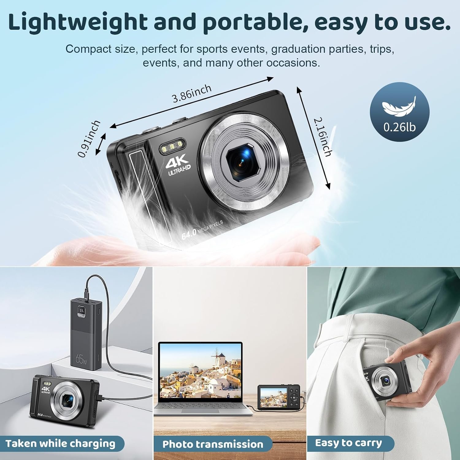 4K 64MP Autofocus Digital Camera, 2.8" Display UHD Compact Camera - Image 5