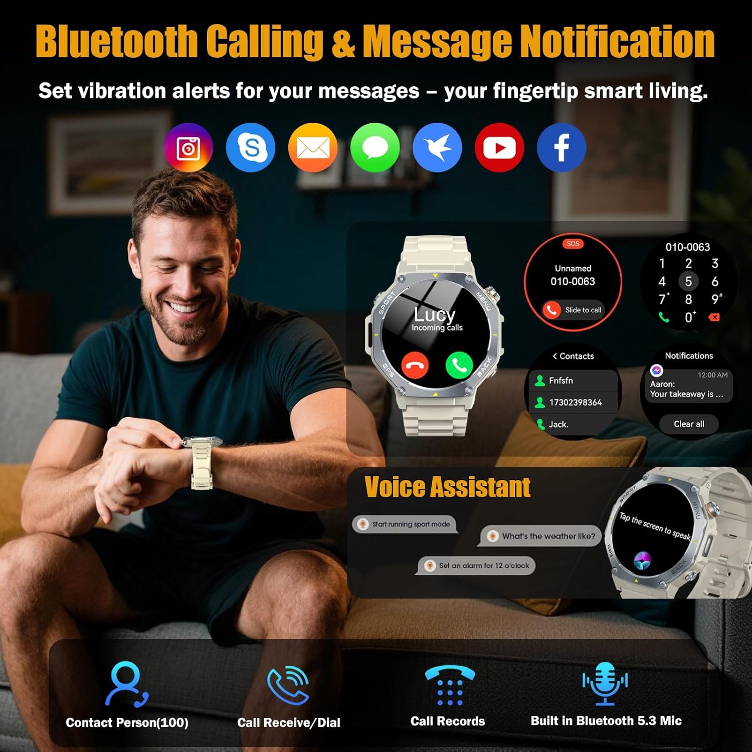Jugeman Smart Watch for Men, 1.43" AMOLED Military Smart Watch, White - Image 6