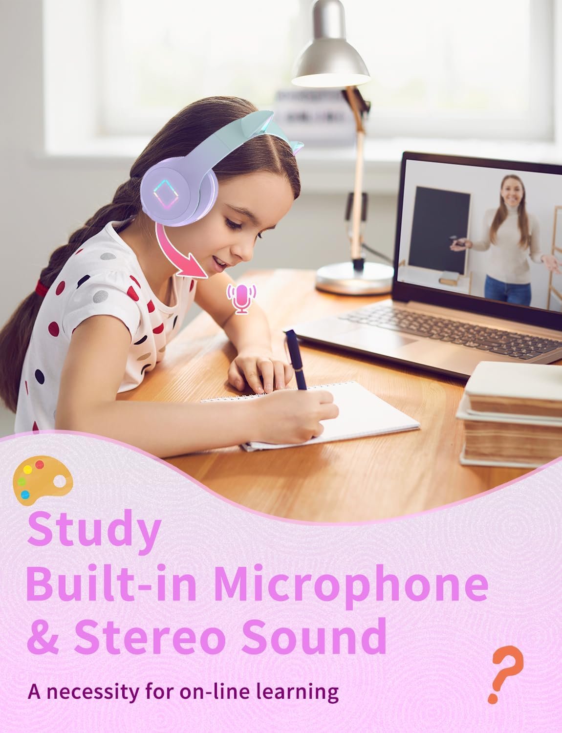 Bluetooth Kids Headphones,Cat Ear LED Light Up Kids Wireless Headphones,Bluetooth 5.1&Stereo Sound,Foldable,Adjustable Headband,Children Headphone with Microphone Over Ear for School/Tablet (Purple) - Image 3