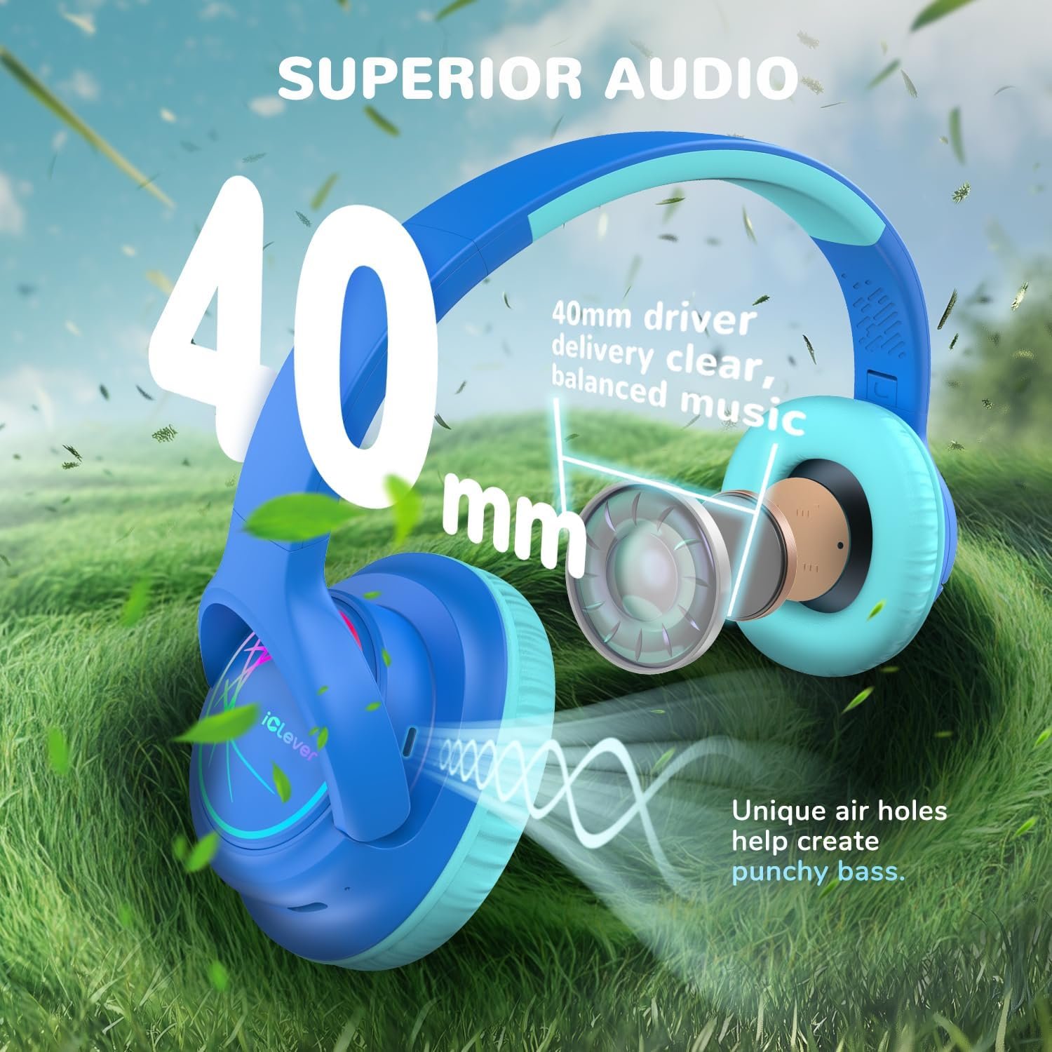 iClever BTH18 Kids Headphones Wireless with LED Lights 43H Playtime Travel - Image 5