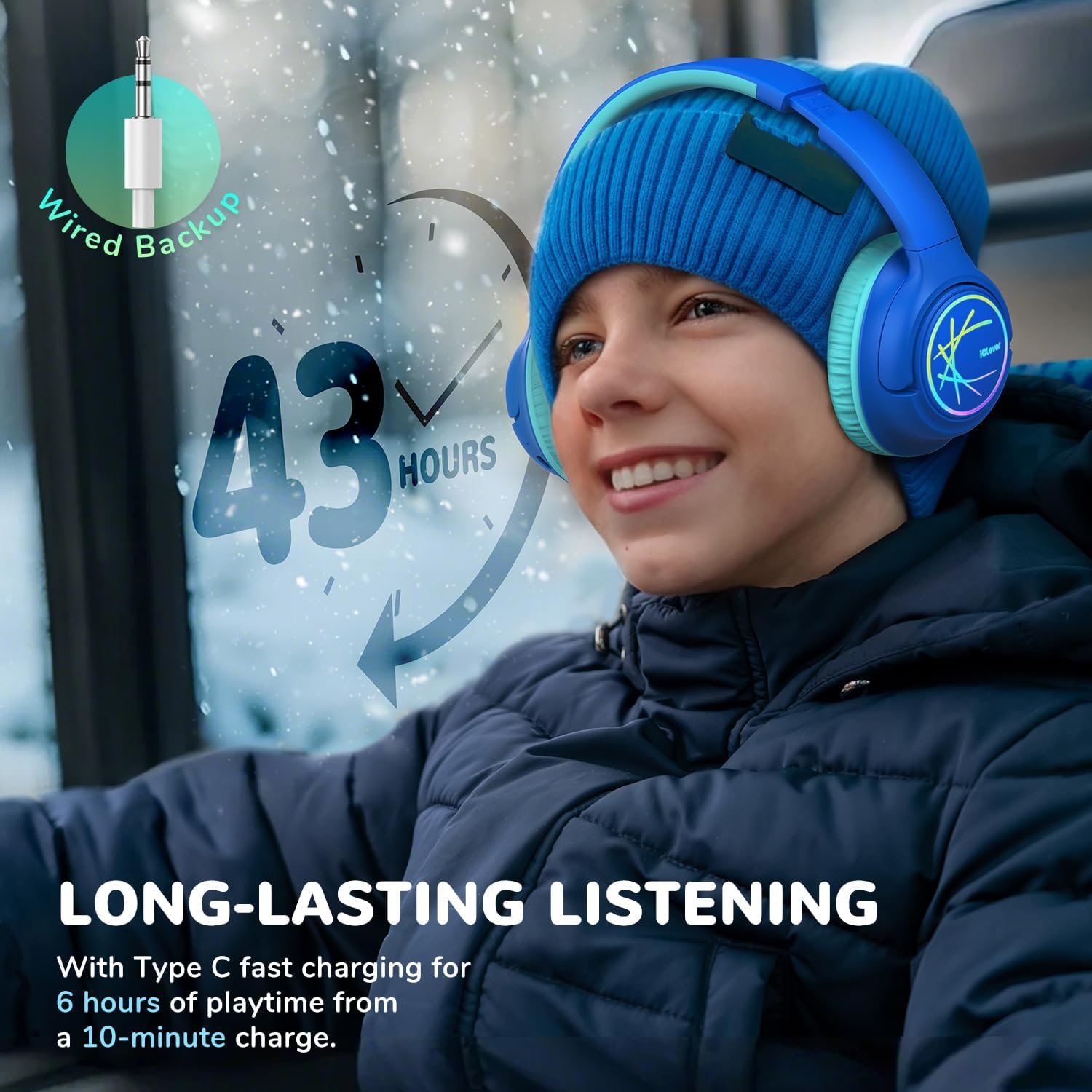 iClever BTH18 Kids Headphones Wireless with LED Lights 43H Playtime Travel - Image 4