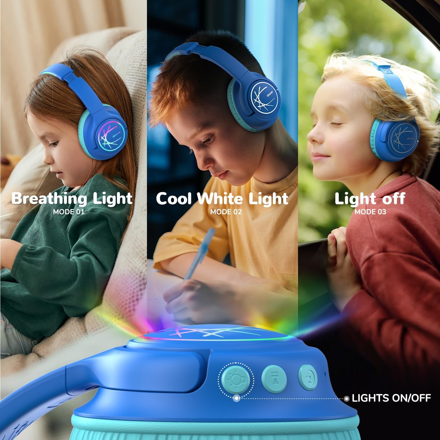 iClever BTH18 Kids Headphones Wireless with LED Lights 43H Playtime Travel - Image 3