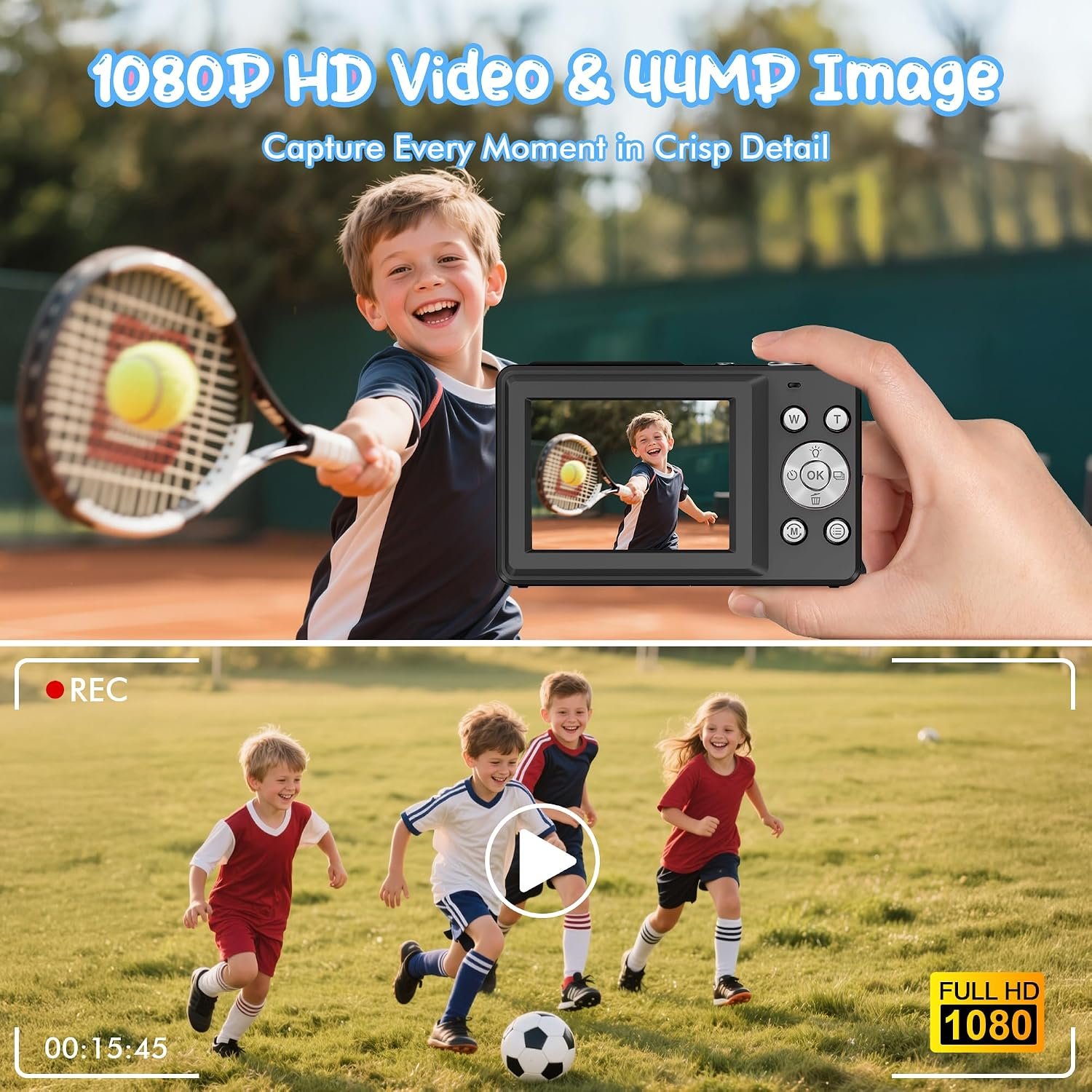 Digital Camera 1080P 44MP Vlogging Camera for Kids Teens, FHD Compact Portable Photo Camera with 2.4" Screen 16X Zoom, Anti-shake Mini Camera for Beginners Students Boys Girls-Black (No SD Card) - Image 2