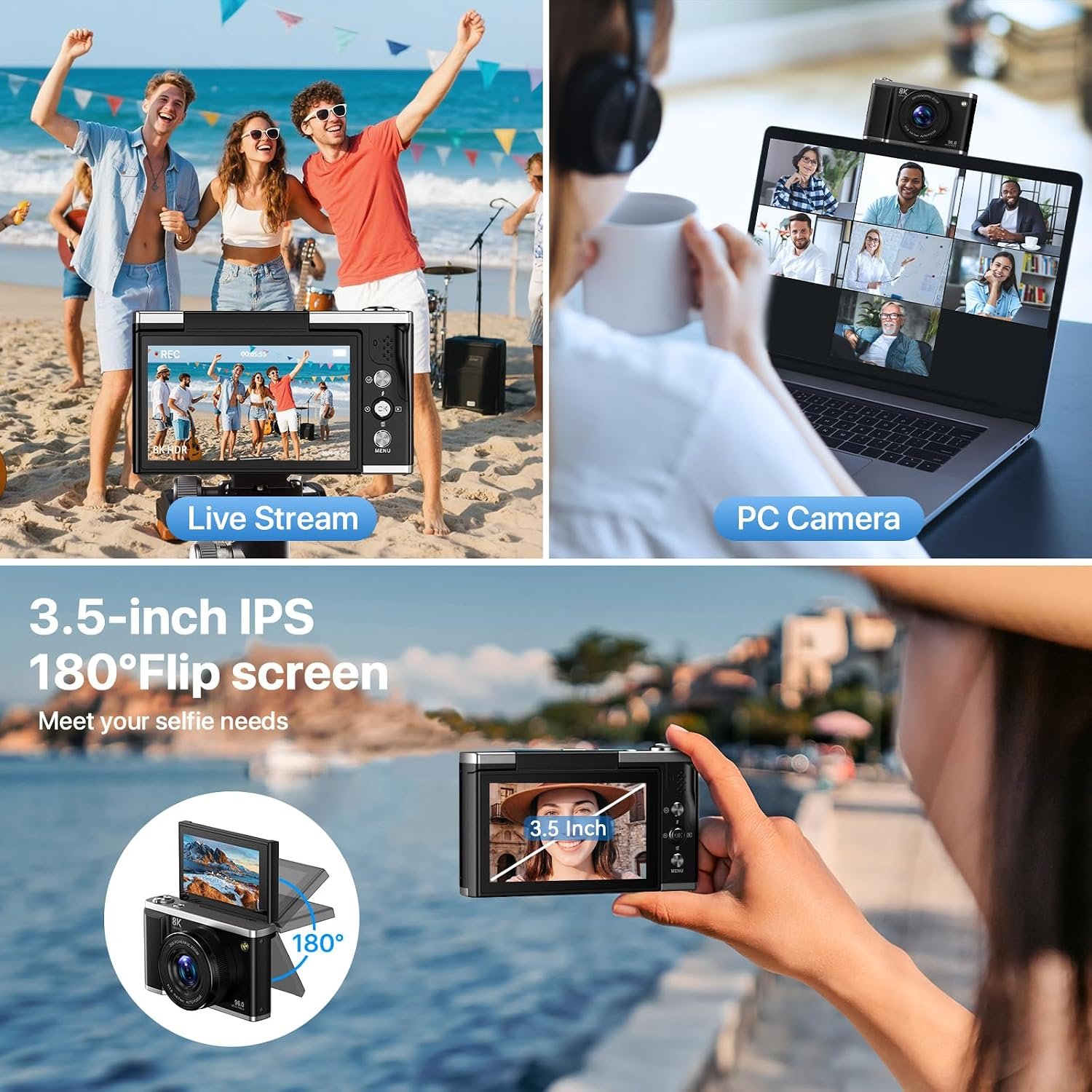 Digital Camera 8K 96MP with WiFi, 20X Digital Zoom Autofocus Vlogging Camera, 3.5" 180°Flip Screen Anti-Shake Compact Camera with 32GB SD Card & 2 Batteries for Teens Adults Beginners - Image 7