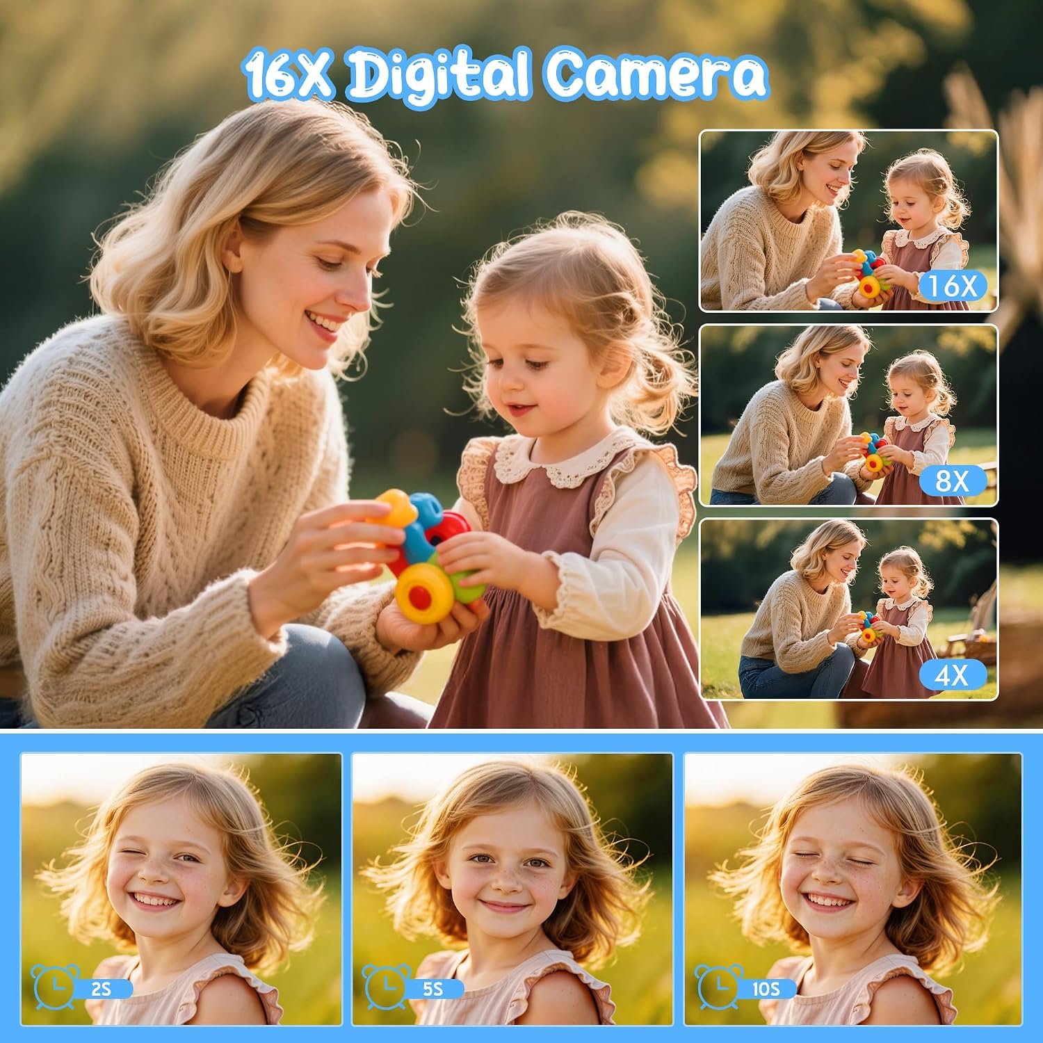 Digital Camera 1080P 44MP Vlogging Camera for Kids Teens, FHD Compact Portable Photo Camera with 2.4" Screen 16X Zoom, Anti-shake Mini Camera for Beginners Students Boys Girls-Black (No SD Card) - Image 3