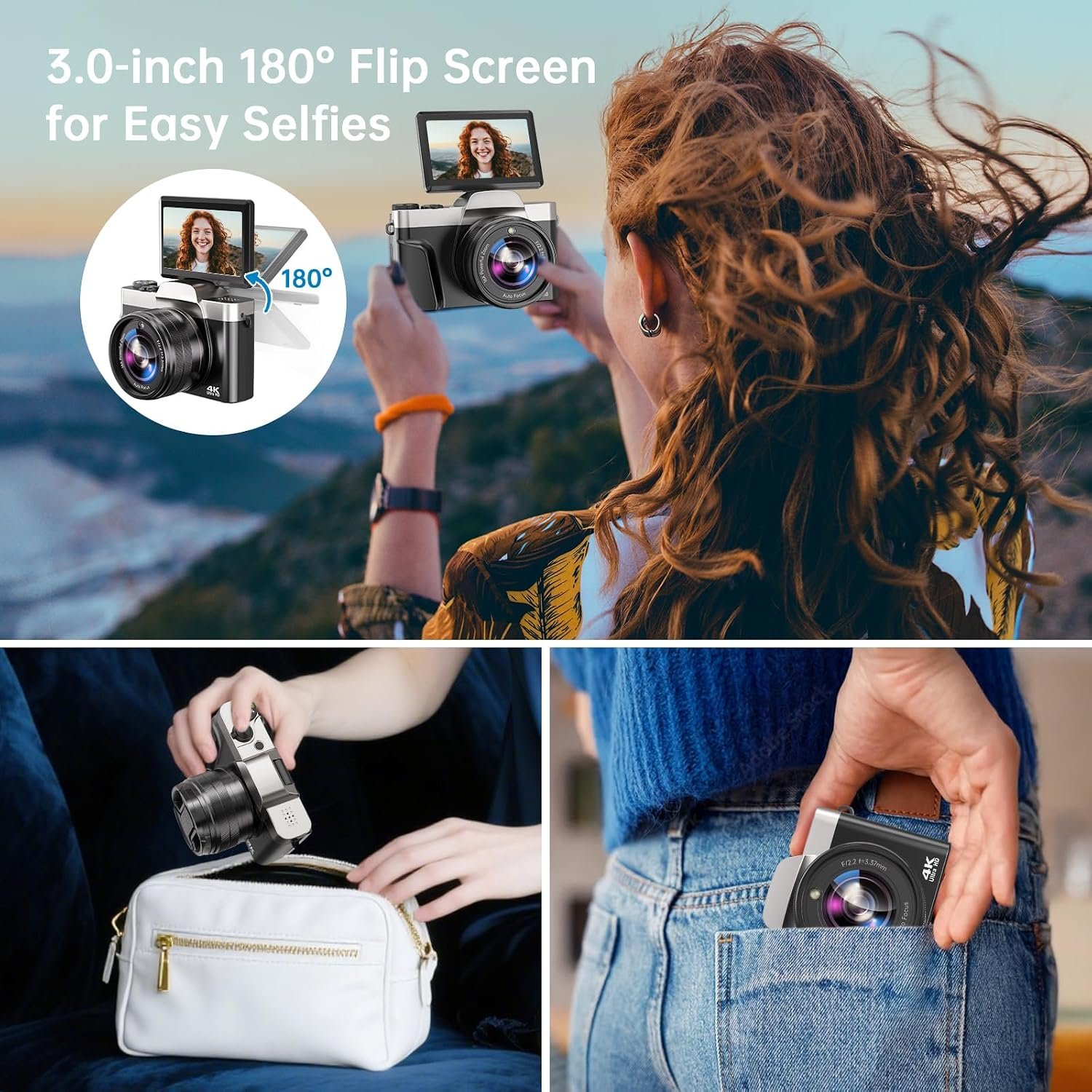 Digital Camera 4K 64MP with WiFi, Autofocus Vlogging Camera for YouTube & Webcam, 3″ 180° Flip Screen, 16X Digital Zoom, Anti-Shake, 32GB SD Card, Charging Station & 2 Batteries for Beginners - Image 8