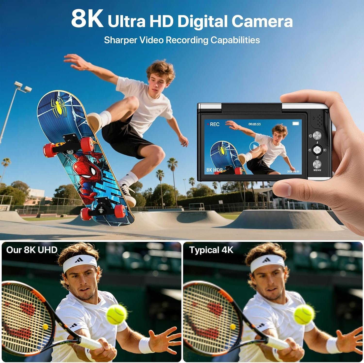 Digital Camera 8K 96MP with WiFi, 20X Digital Zoom Autofocus Vlogging Camera, 3.5" 180°Flip Screen Anti-Shake Compact Camera with 32GB SD Card & 2 Batteries for Teens Adults Beginners - Image 3