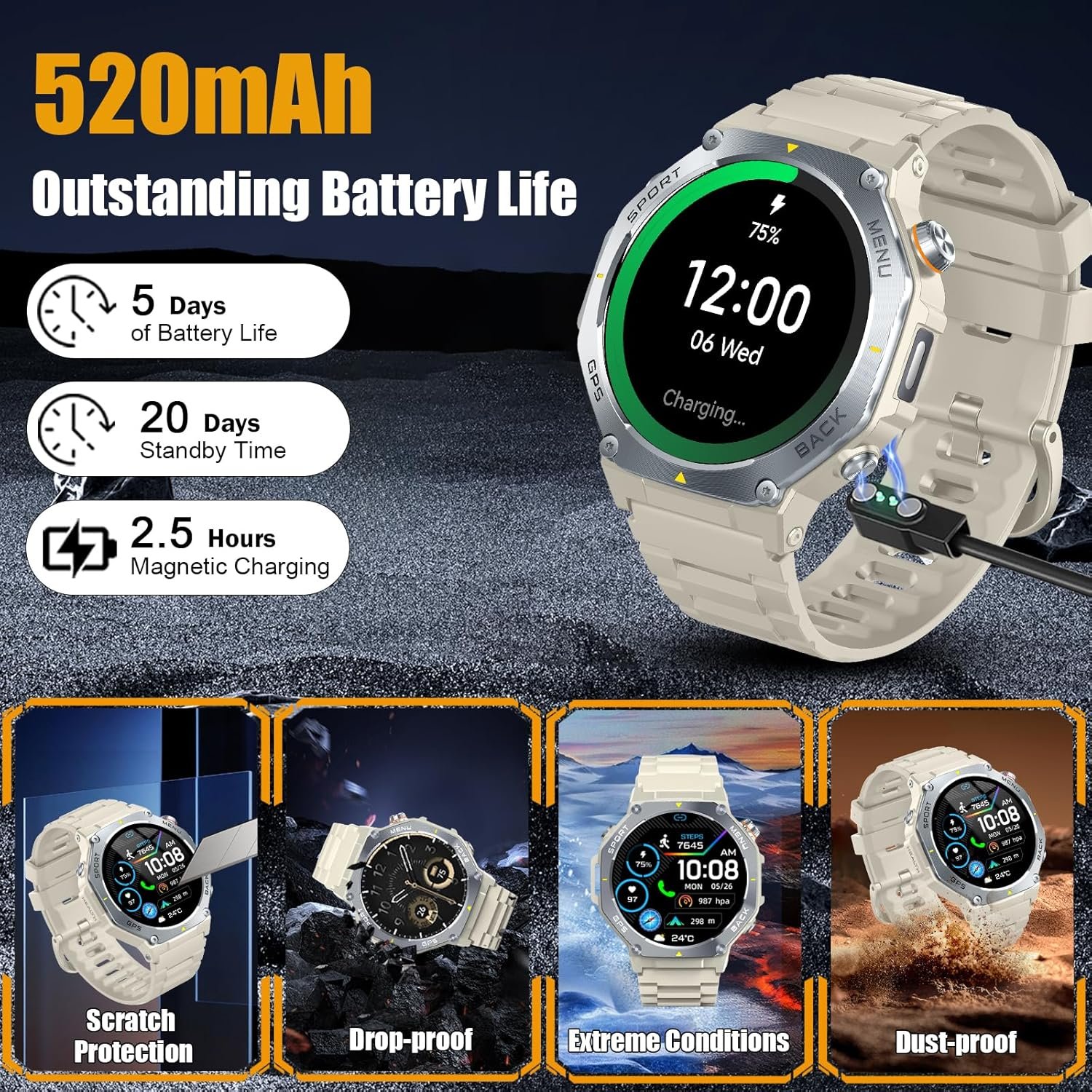 Jugeman Smart Watch for Men, 1.43" AMOLED Military Smart Watch, White - Image 8
