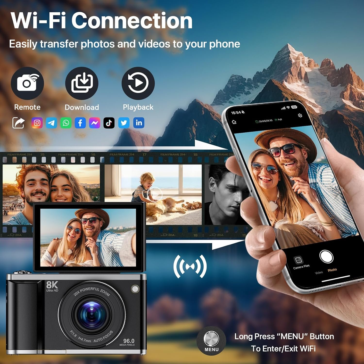 Digital Camera 8K 96MP with WiFi, 20X Digital Zoom Autofocus Vlogging Camera, 3.5" 180°Flip Screen Anti-Shake Compact Camera with 32GB SD Card & 2 Batteries for Teens Adults Beginners - Image 5