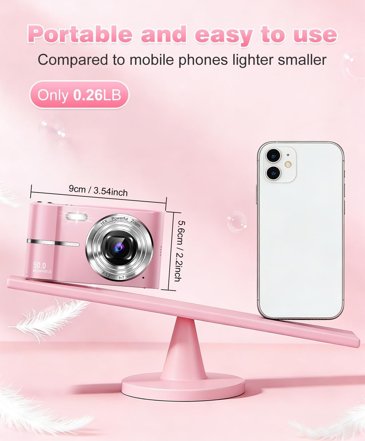 Digital Camera, 1080P FHD Vlogging Camera 50MP Compact Portable Photo Camera with 2.4" Screen, 16X Digital Zoom Mini Small Pocket Camera for Kids Students with 1 Battery, 16GB Card (Pink) - Image 9