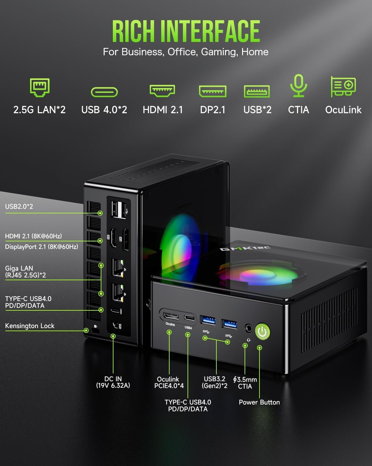 GMKtec K11 AMD Ryzen 9 Gaming Mini PC 8945HS(8C/16T, Up to 5.2GHz) W-11 Pro, 32GB DDR5 RAM 1TB Mini Desktop PC Computer, Oculink, Dual NIC 2.5GbE LAN, HDMI/DisplayPort/USB4*2 - Image 5