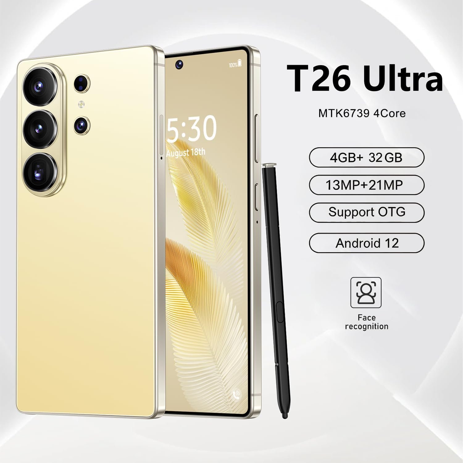 TryFirst 4G Unlocked Smartphone, 6.6-Inch HD+ In-Cell Punch-Hole Display, 4GB RAM+32GB ROM Expand to 256GB, 21MP+13MP Camera, Android 12, Type-C Fast Charging, Face Unlock (Golden) - Image 5