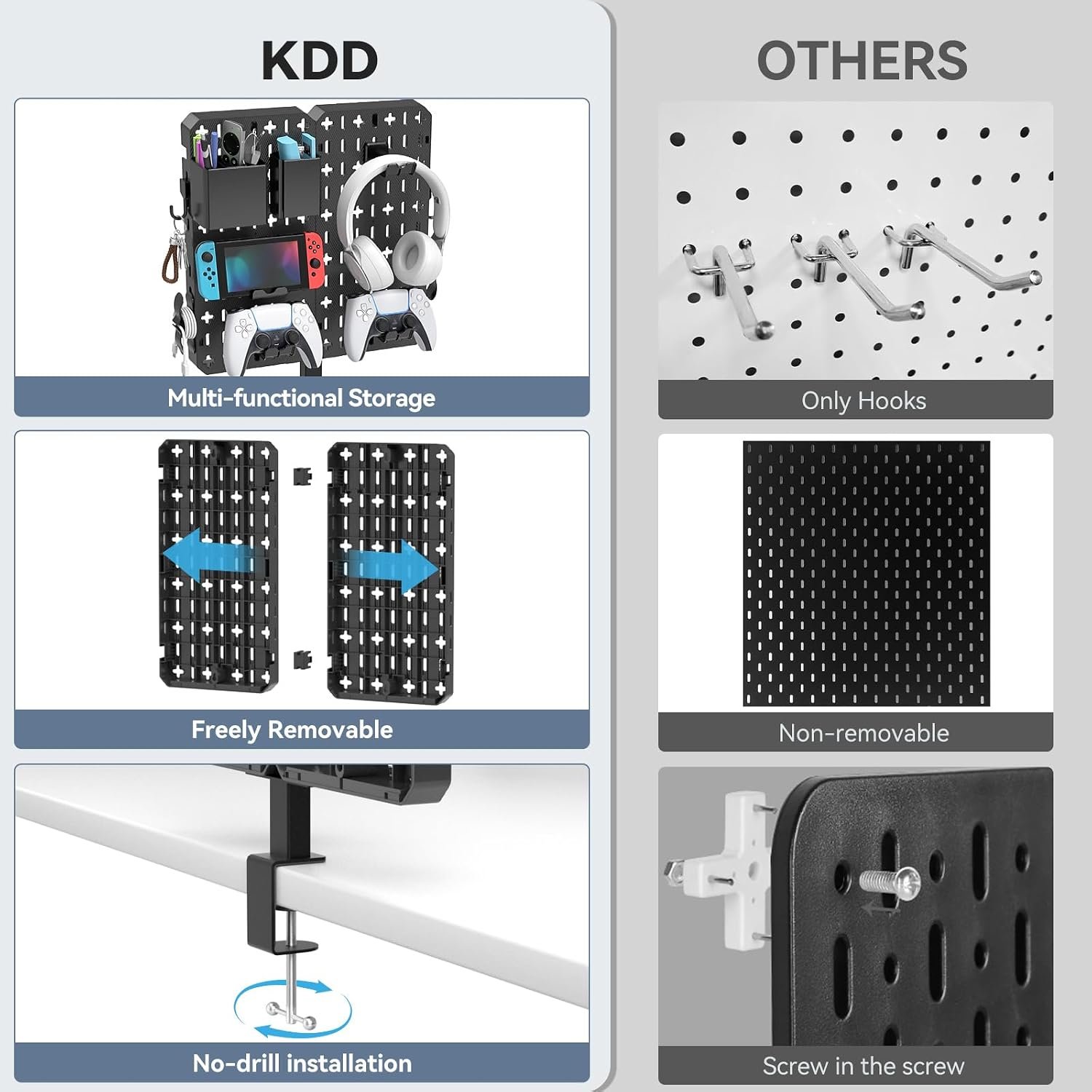KDD Desk Pegboard Combination Kit - 7 in 1 Gaming Desk Pegboard with Phone Stand/Pen Holder/Storage Box/Headset & Controller Holder/Hooks for Office & Home Desktop Pegboard Organizer - Image 5