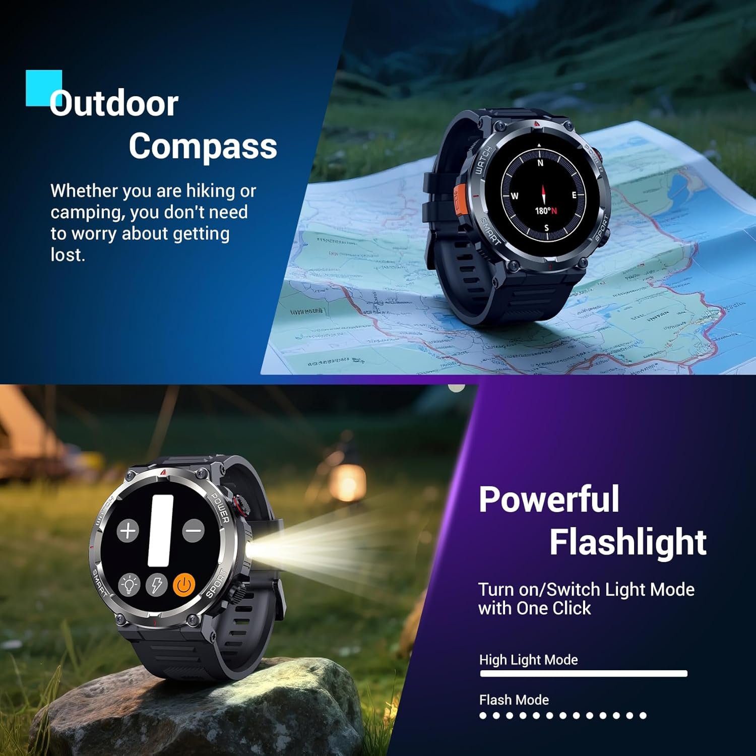 Blackview Military Smart Watch for Men (Answer/Make Calls), 1.45" Fitness Tracker with 100-Day Battery/Flashlight/Compass/Heart Rate/SpO2/Sleep, 150+ Sports IP68 Waterproof Smartwatch for iOS Android - Image 3