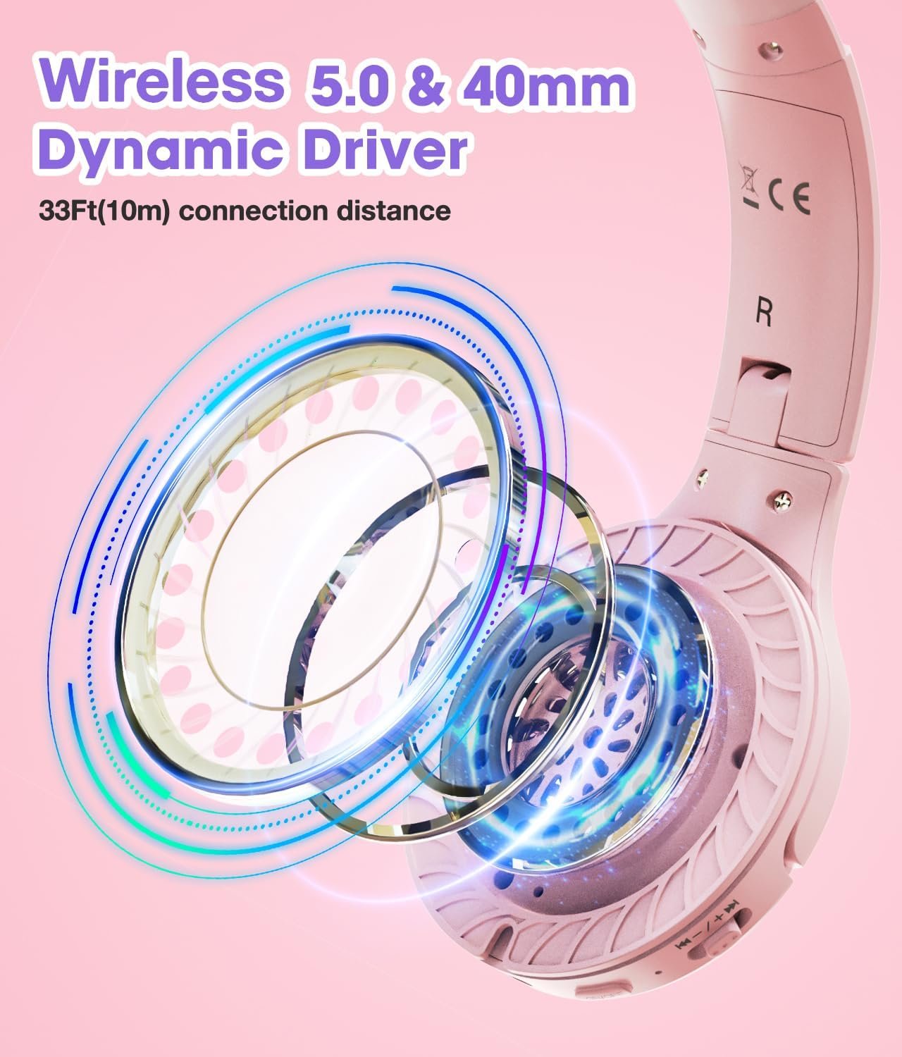 Kids Headphones Wireless 60H, Foldable On Ear Headphone with MIC, Volume Limiter 85dB/94dB Wireless & Wired Headphones, Over-Ear Headphone for Kid Adult School Online Class Travel, Pink - Image 3