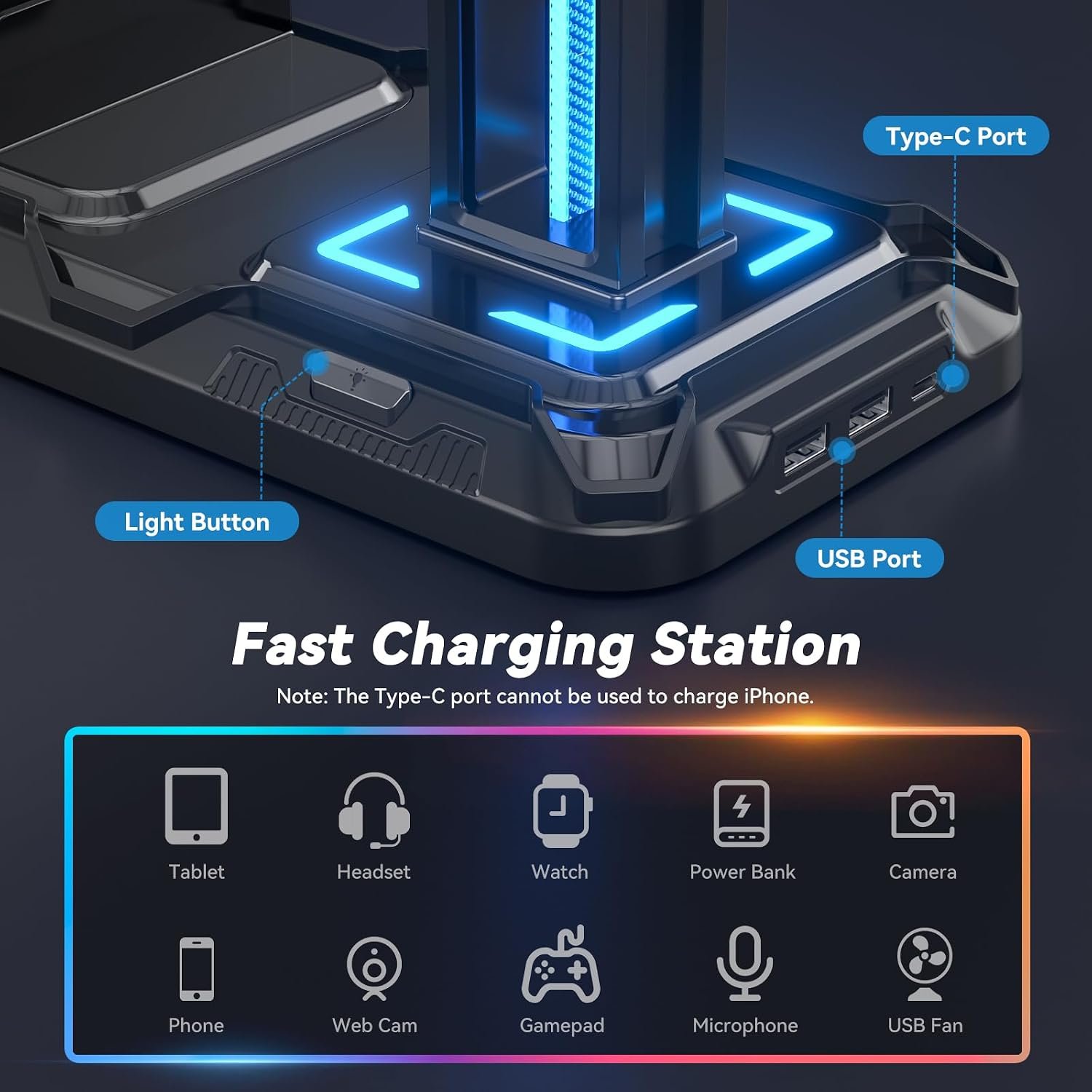 KDD Headset Stand with Charging Station - Detachable Headset Controller Holder Stand with 9 Light Modes, Rotatable Headphone Hanger with USB Charging Ports for PC Gaming Accessories Storage (Black) - Image 3