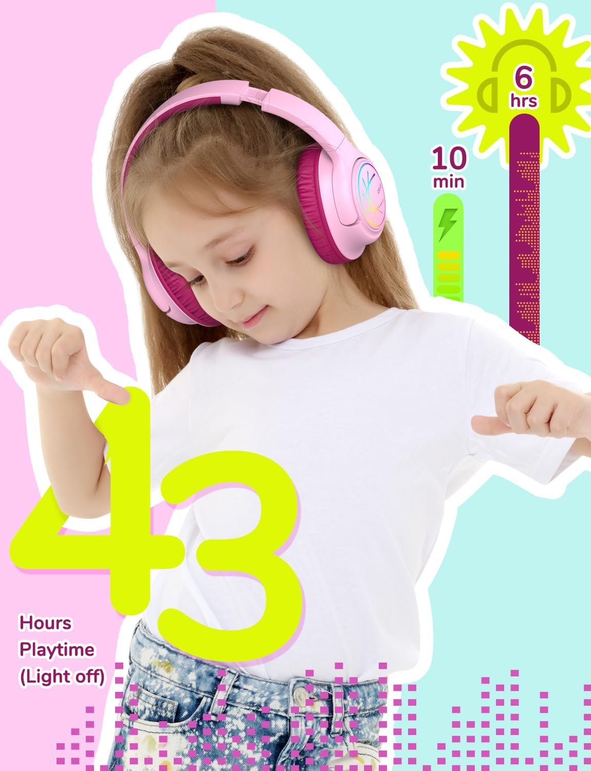 iClever BTH18 Kids Headphones Wireless with LED Lights 43H Playtime Travel - Image 4