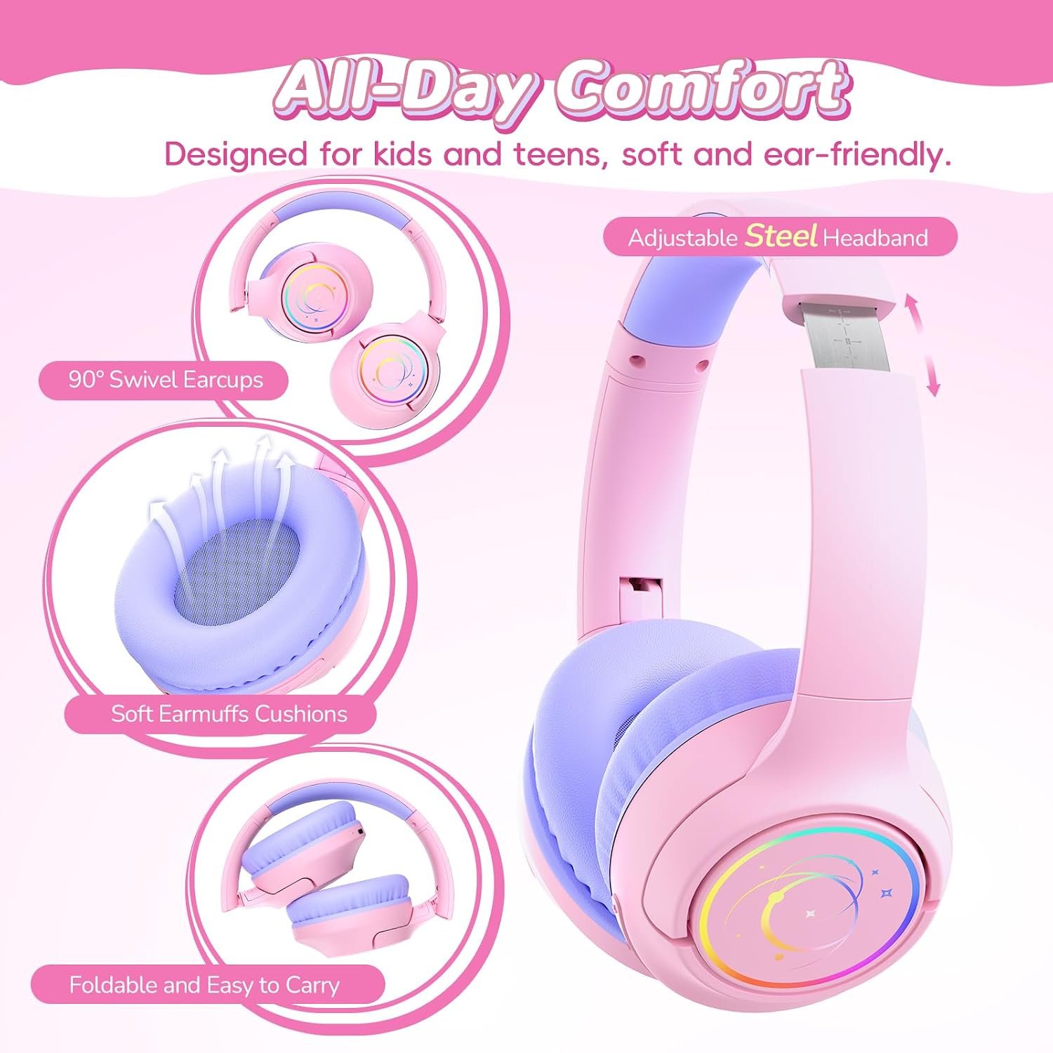 Kids Headphones Wireless with LED Lights 85H Playtime for Toddler Girl Pink - Image 5