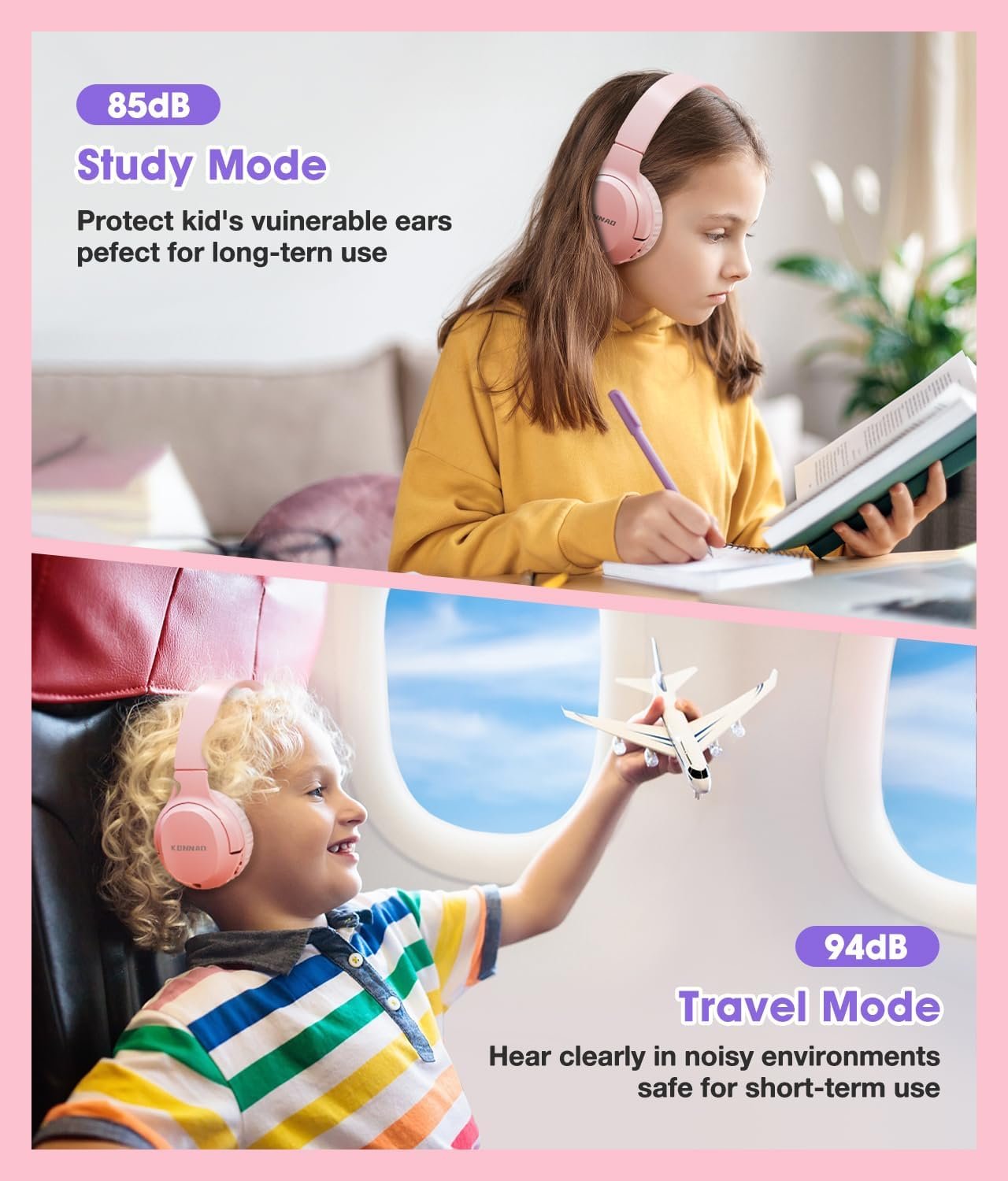 Kids Headphones Wireless 60H, Foldable On Ear Headphone with MIC, Volume Limiter 85dB/94dB Wireless & Wired Headphones, Over-Ear Headphone for Kid Adult School Online Class Travel, Pink - Image 2
