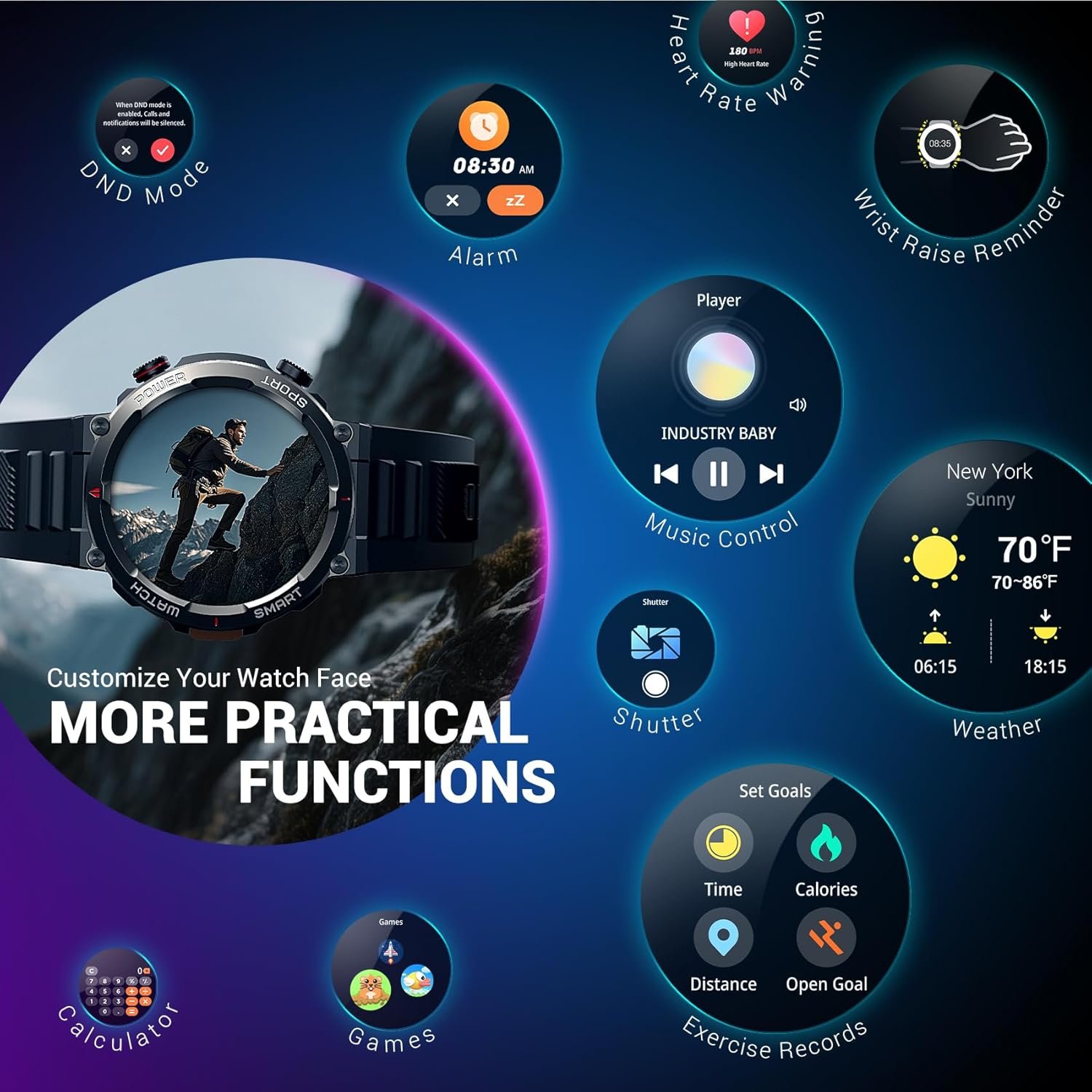 Blackview Military Smart Watch for Men (Answer/Make Calls), 1.45" Fitness Tracker with 100-Day Battery/Flashlight/Compass/Heart Rate/SpO2/Sleep, 150+ Sports IP68 Waterproof Smartwatch for iOS Android - Image 8