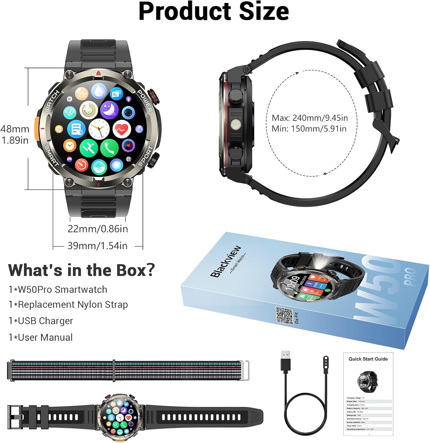 Blackview Military Smart Watch for Men (Answer/Make Calls), 1.45" Fitness Tracker with 100-Day Battery/Flashlight/Compass/Heart Rate/SpO2/Sleep, 150+ Sports IP68 Waterproof Smartwatch for iOS Android - Image 9