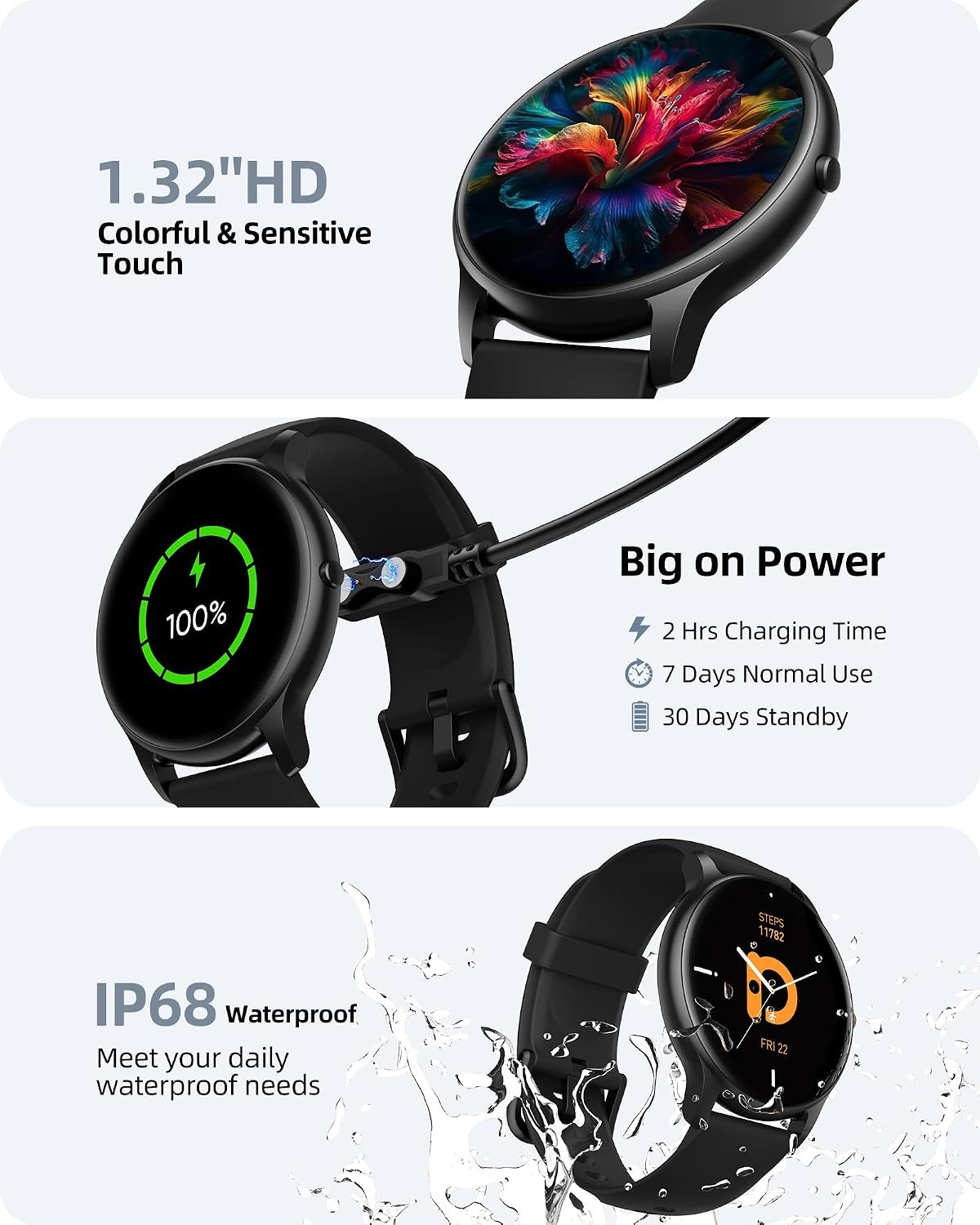 Parsonver Smart Watch Answer/Make Call, Fitness Watch for Men Women, Smartwatch IP68 Waterproof, 100+ Sport Modes, Heart Rate/Sleep Monitor, Fitness Watch for Android and iOS, Black, SPROD1 - Image 7