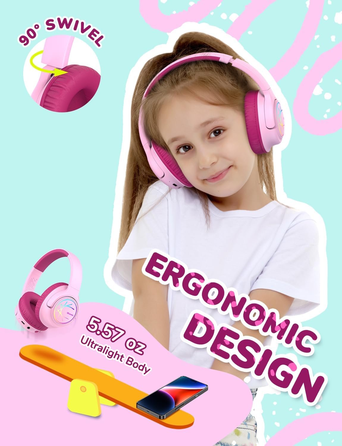 iClever BTH18 Kids Headphones Wireless with LED Lights 43H Playtime Travel - Image 5