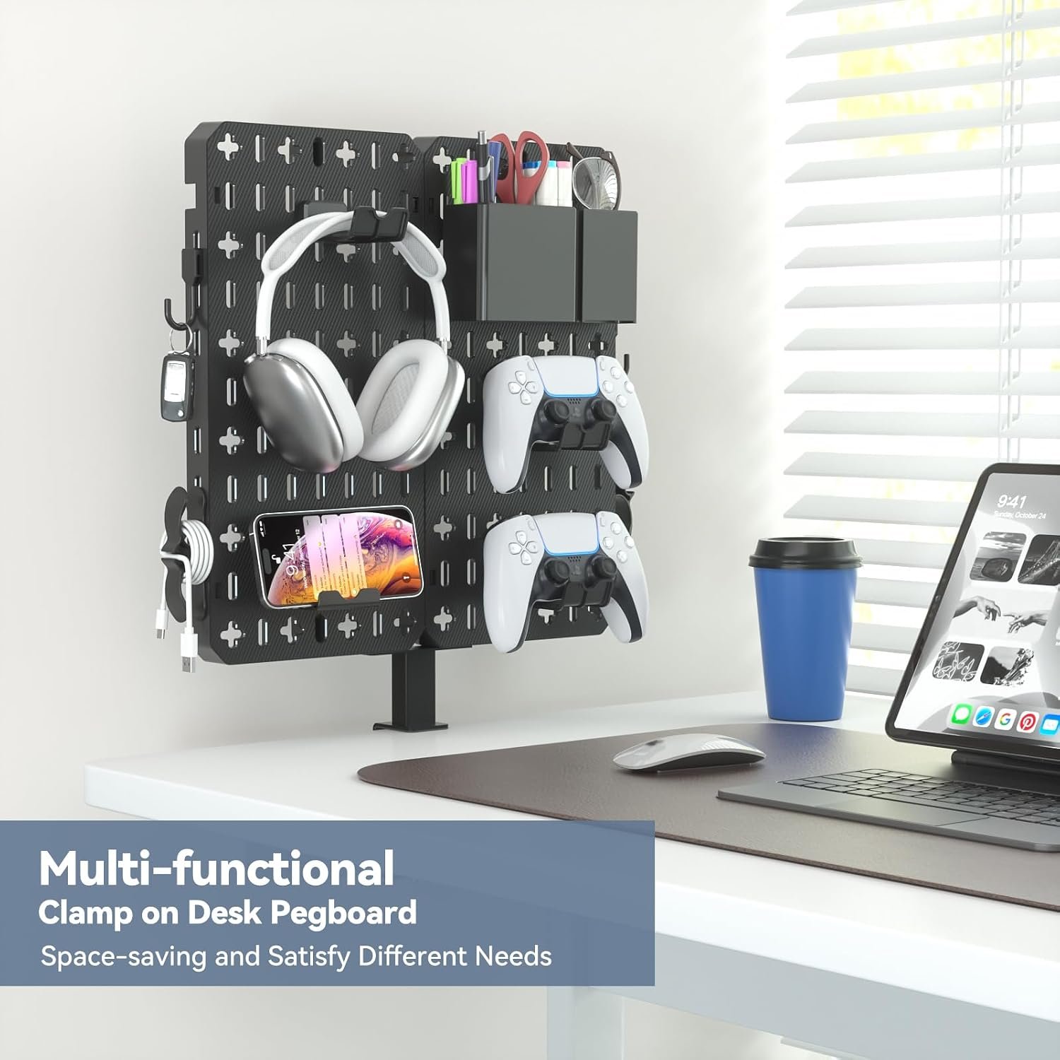 KDD Desk Pegboard Combination Kit - 7 in 1 Gaming Desk Pegboard with Phone Stand/Pen Holder/Storage Box/Headset & Controller Holder/Hooks for Office & Home Desktop Pegboard Organizer - Image 2