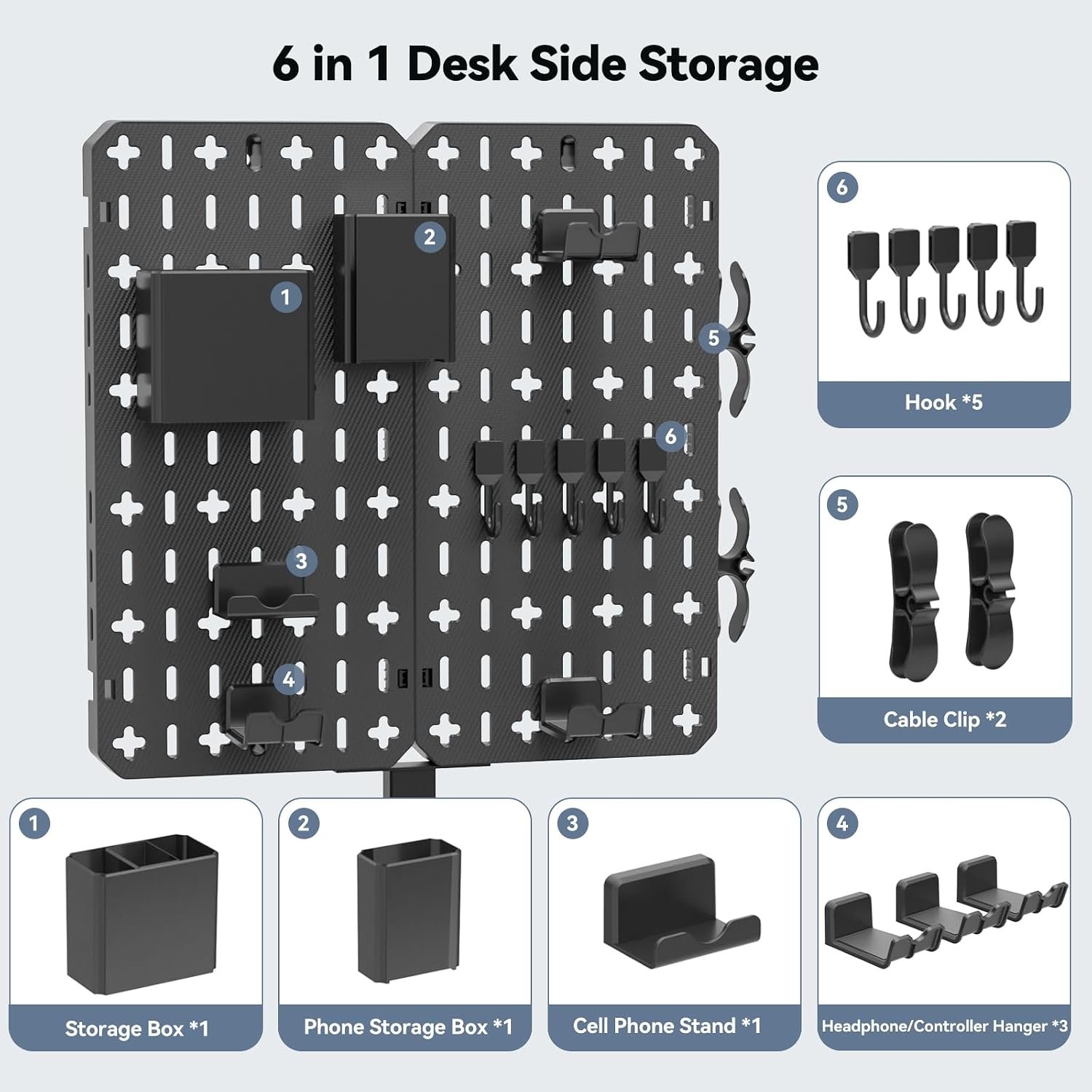 KDD Desk Pegboard Combination Kit - 7 in 1 Gaming Desk Pegboard with Phone Stand/Pen Holder/Storage Box/Headset & Controller Holder/Hooks for Office & Home Desktop Pegboard Organizer - Image 3