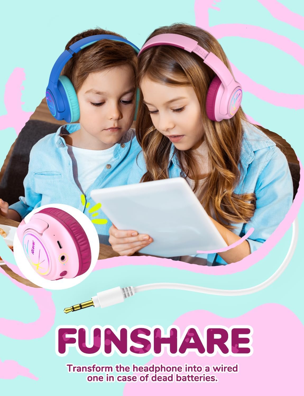 iClever BTH18 Kids Headphones Wireless with LED Lights 43H Playtime Travel - Image 7