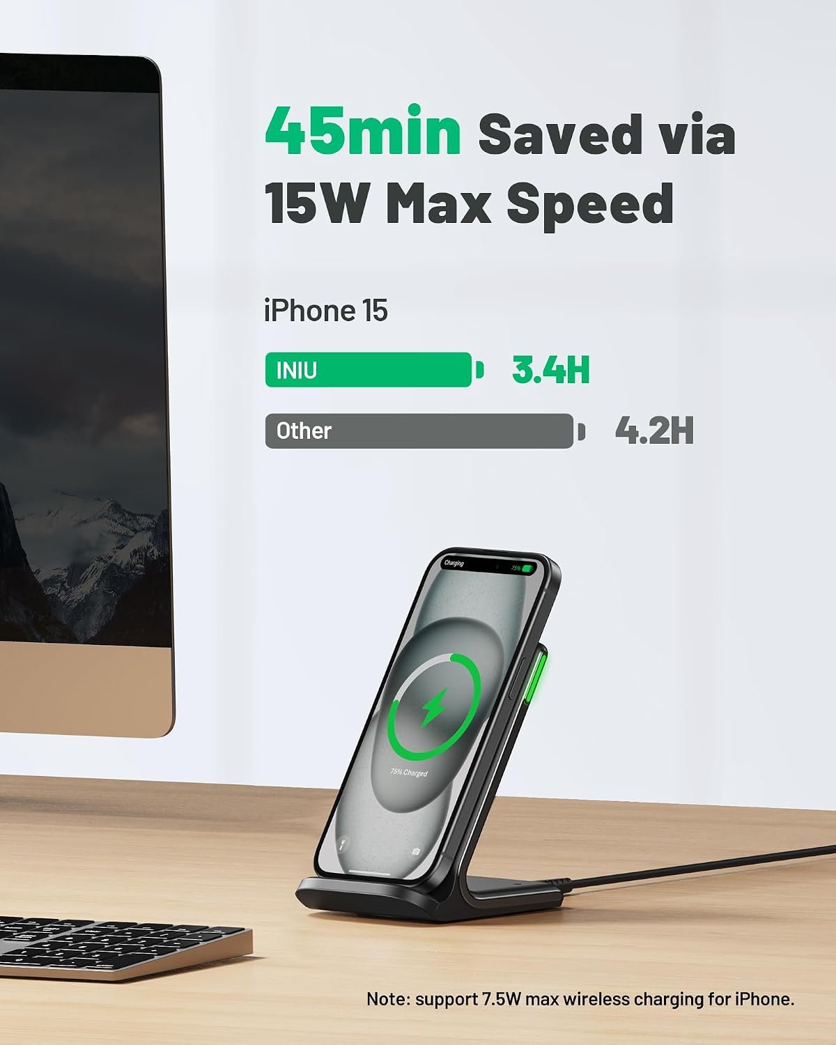 INIU Wireless Charger Stand, 15W Fast Charging Dock Phone Charger with LED - Image 2